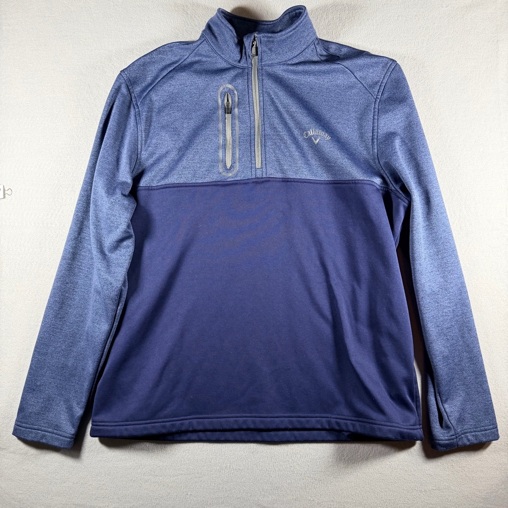 Callaway Mens Blue Colorblock 1/4 Zip Golf Pullover Fleece Chest Pocket